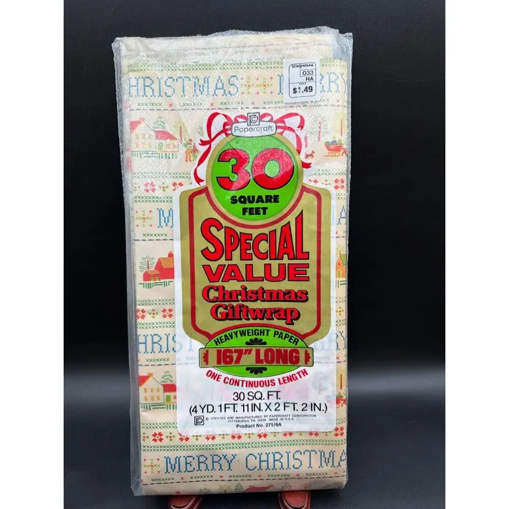 Vintage Papercraft Christmas Gift Wrap NOS 30 Sq Ft Merry Christmas Village USA